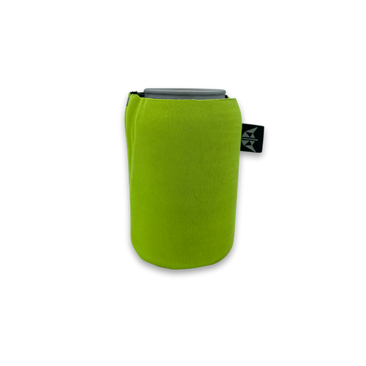 Recycled can cozy / beer cosy in neon yellow. Material made from recycled wetsuits.