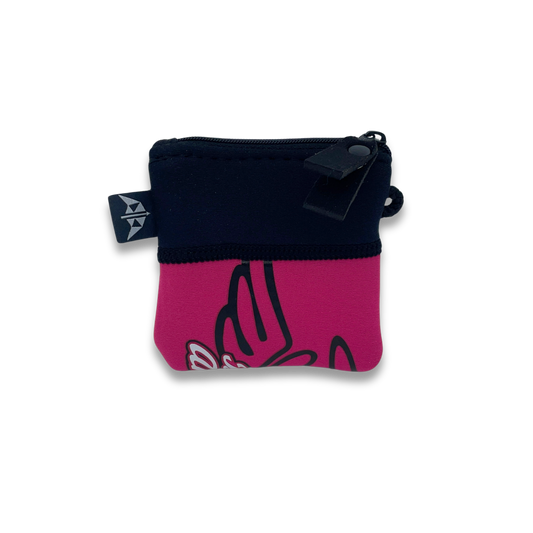 Recycled coin purse with zipped closure and security loop. Made from recycled wetsuits in pink & black.