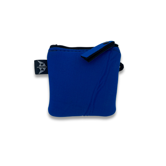 Recycled coin purse with zipped closure and security loop. Made from recycled wetsuits in royal blue.