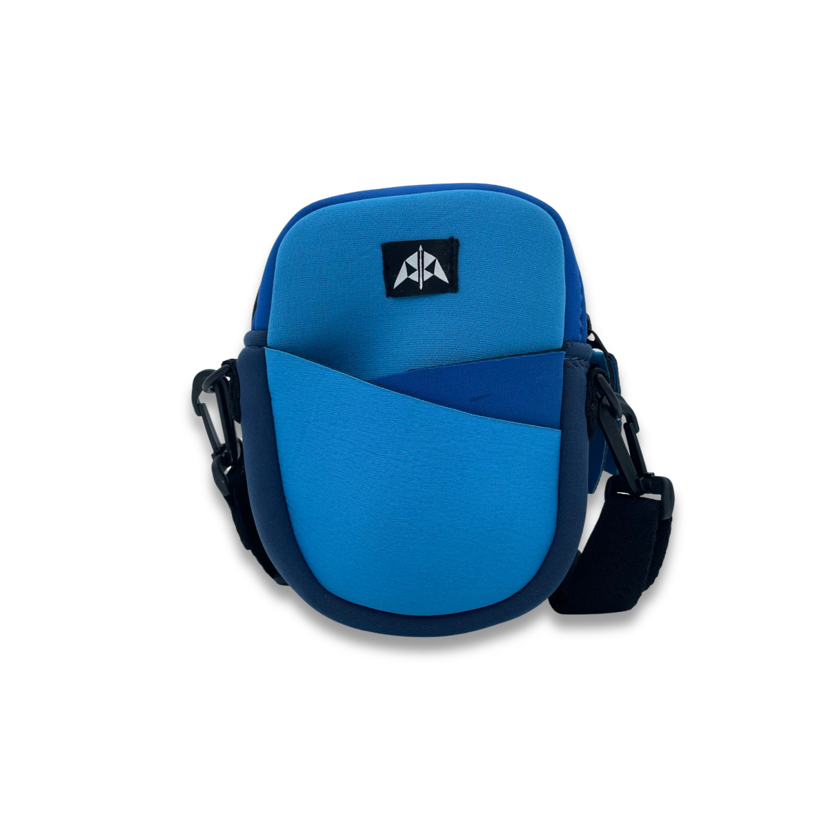 Crossbody bag with zipped closure, removable & adjustable strap, slip pocket at front, made from neoprene recycled from wetsuits in shades of bright blue.