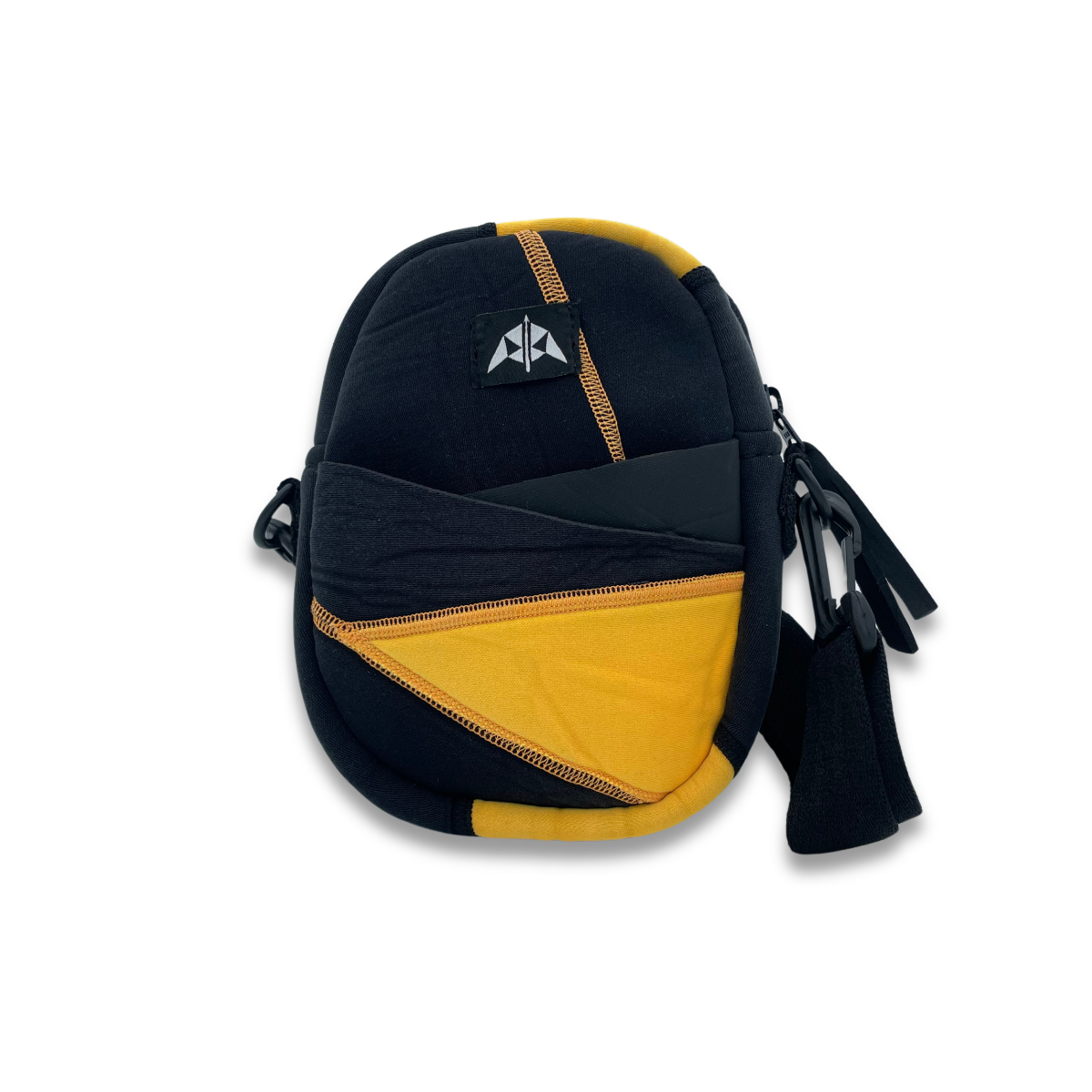 Crossbody bag with adjustable strap and zipped opening. Made from yellow and black recycled wetsuits with front slip pocket.