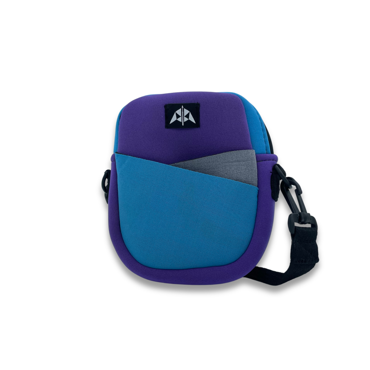 Crossbody bag with zipped closure, removable & adjustable strap, slip pocket at front, made from neoprene recycled from wetsuits in purple, bright blue & grey.