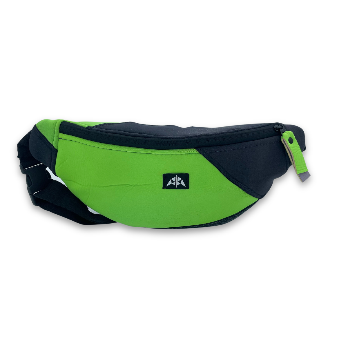 Bum Bag / Waist Pack / Sling Bag with zipped opening, adjustable strap with buckle. Made from neoprene recycled from wetsuits in neon green & grey.