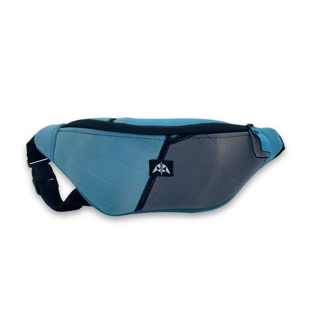 Bum Bag / Waist Pack / Sling Bag with zipped opening, adjustable strap with buckle. Made from neoprene recycled from wetsuits in grey and baby blue.