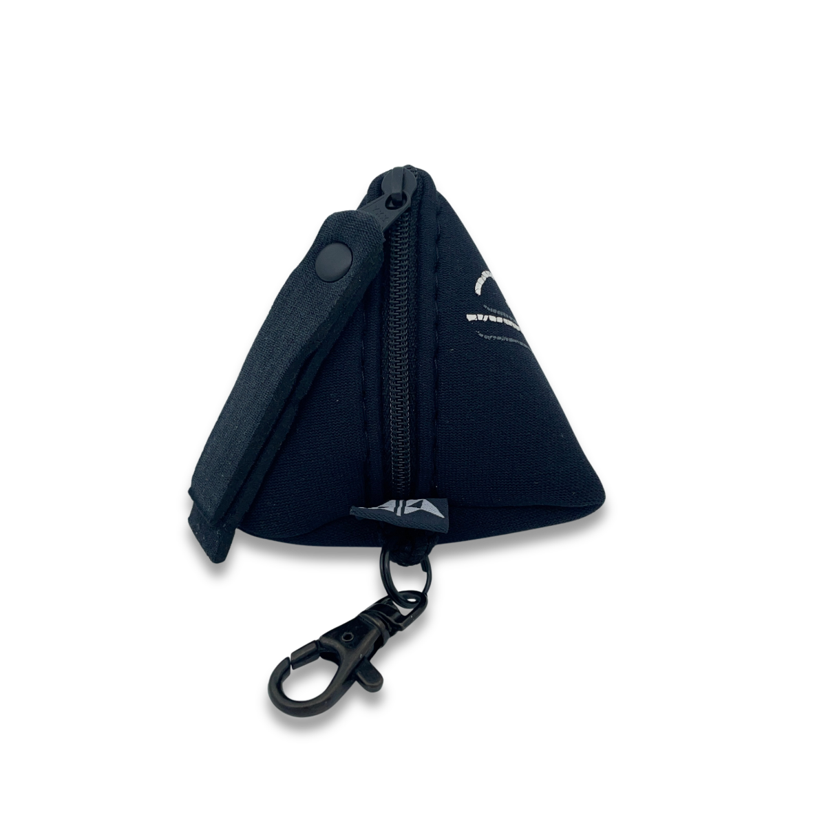 Pyramid shaped neoprene keyring pouch with zipped closure and keyring attachment. Made from recycled wetsuits in black.