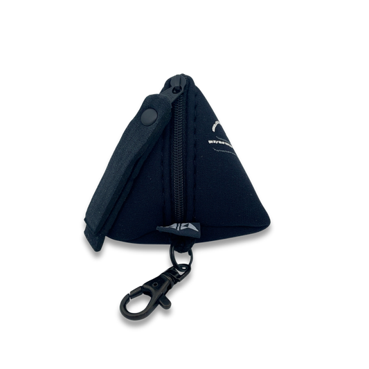 Pyramid shaped neoprene keyring pouch with zipped closure and keyring attachment. Made from recycled wetsuits in black.