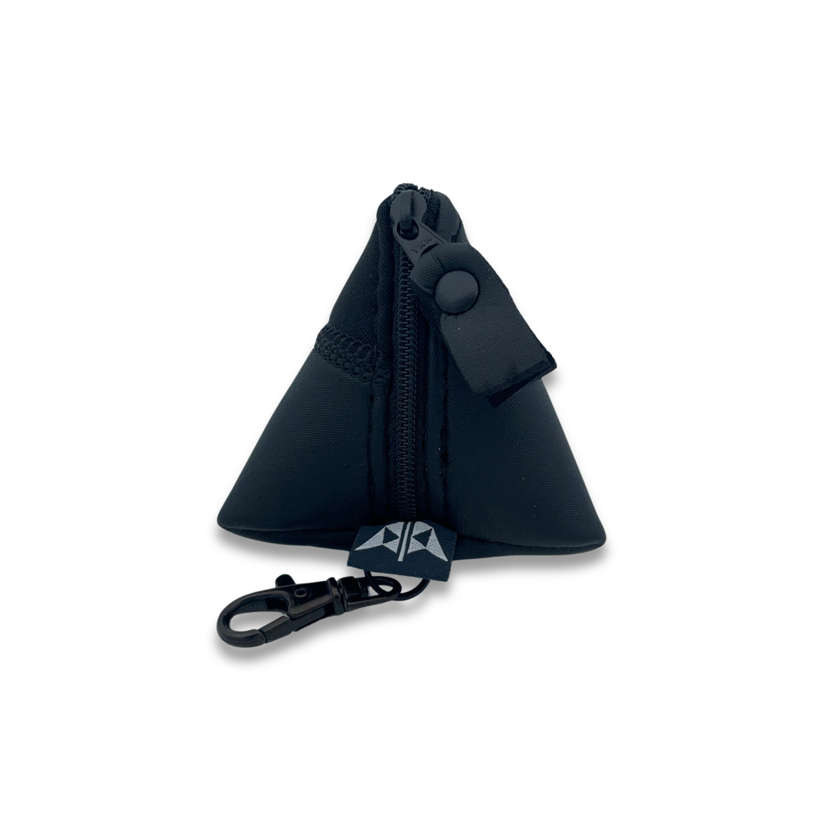 Pyramid shaped neoprene keyring pouch with zipped closure and keyring attachment. Made from recycled wetsuits in black.