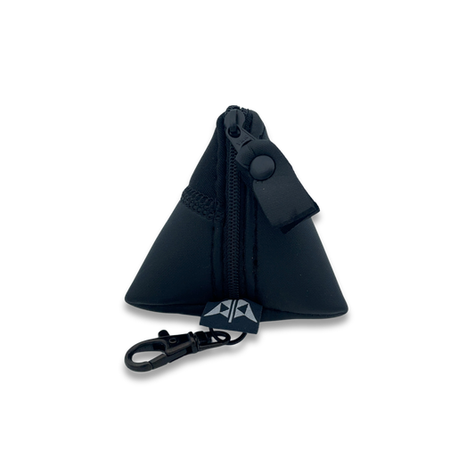 Pyramid shaped neoprene keyring pouch with zipped closure and keyring attachment. Made from recycled wetsuits in black.