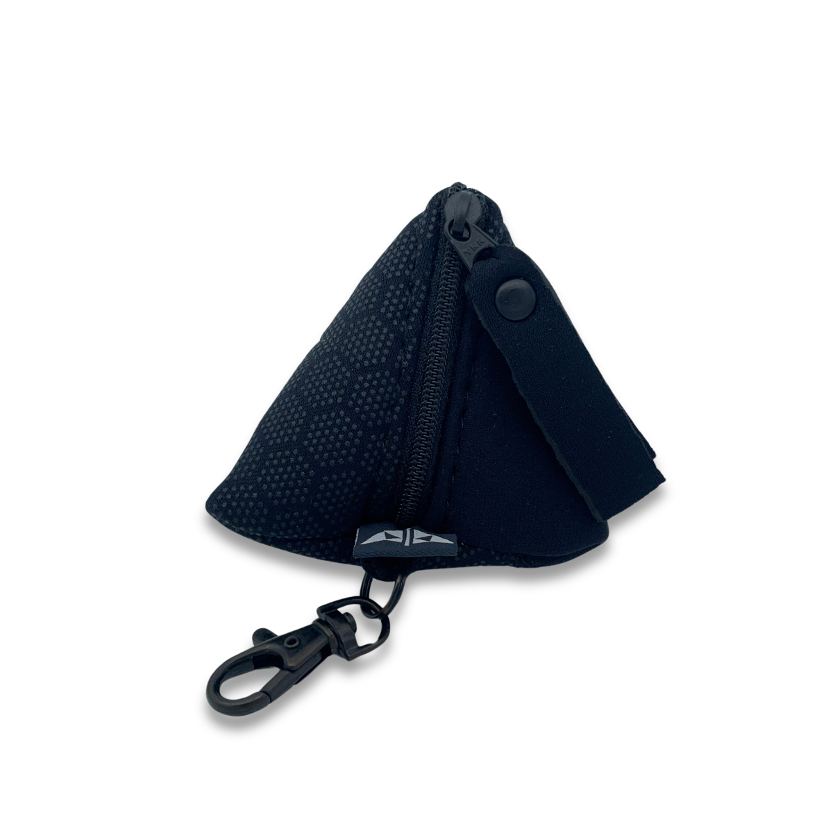 Pyramid shaped neoprene keyring pouch with zipped closure and keyring attachment. Made from recycled wetsuits in black.