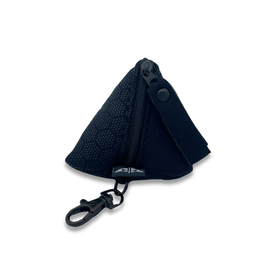 Pyramid shaped neoprene keyring pouch with zipped closure and keyring attachment. Made from recycled wetsuits in black.