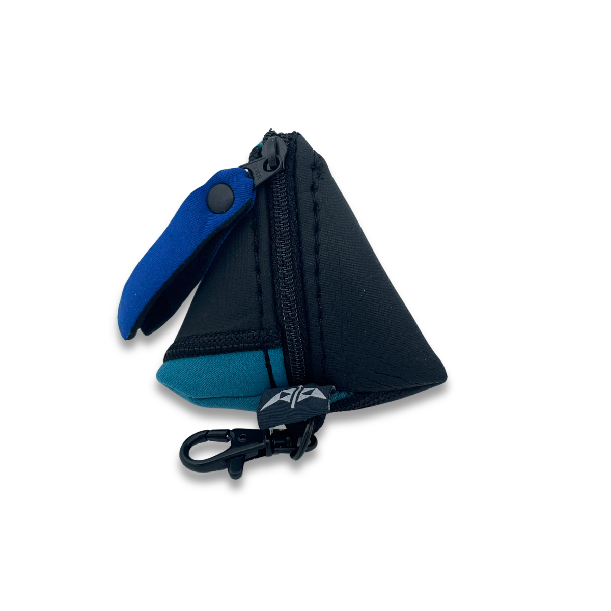 Pyramid shaped neoprene keyring pouch with zipped closure and keyring attachment. Made from recycled wetsuits in blue and black.