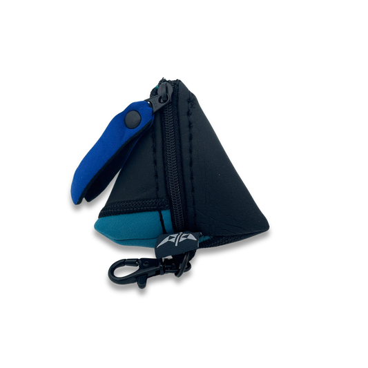 Pyramid shaped neoprene keyring pouch with zipped closure and keyring attachment. Made from recycled wetsuits in blue and black.