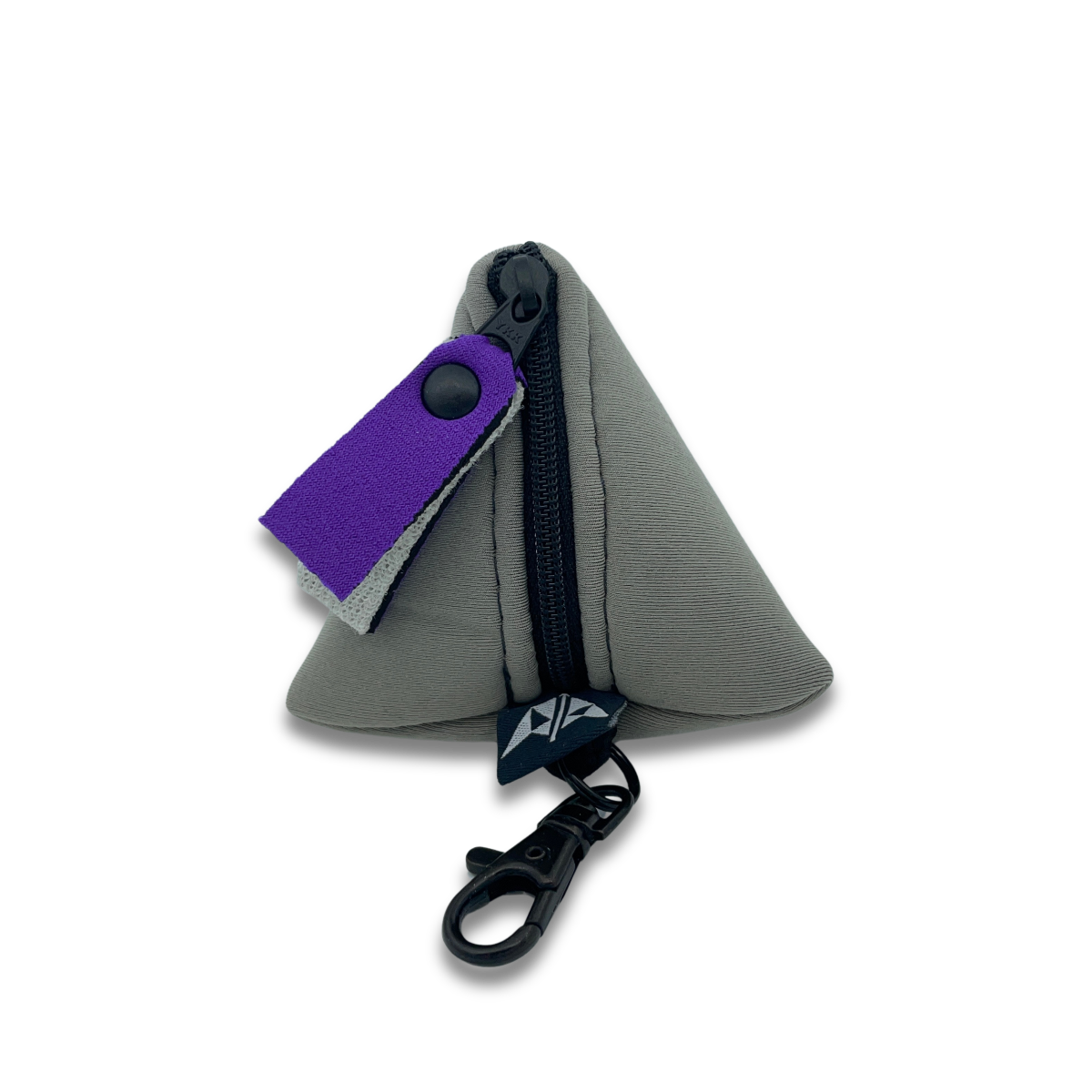 Pyramid shaped neoprene keyring pouch with zipped closure and keyring attachment. Made from recycled wetsuits in grey.