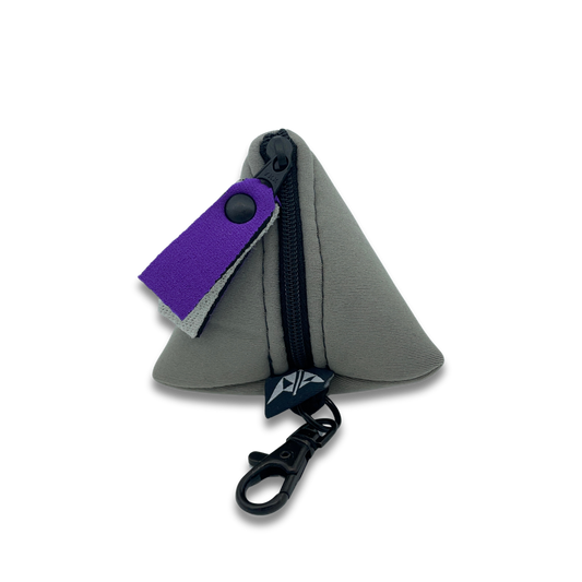 Pyramid shaped neoprene keyring pouch with zipped closure and keyring attachment. Made from recycled wetsuits in grey.