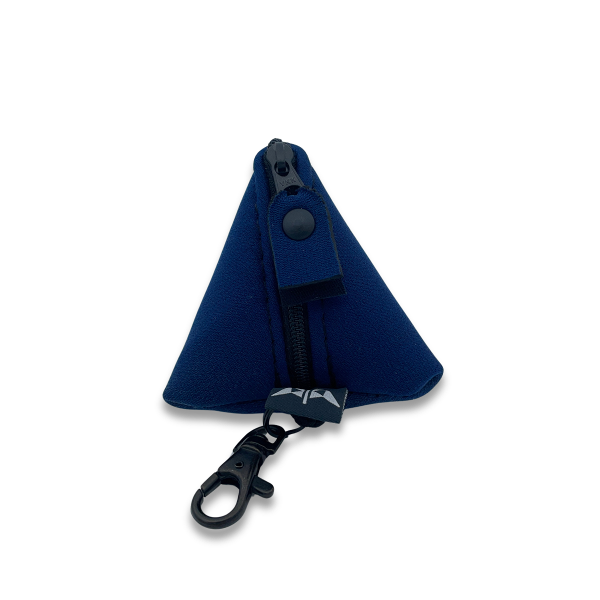 Pyramid shaped neoprene keyring pouch with zipped closure and keyring attachment. Made from recycled wetsuits in navy blue.