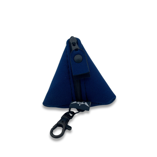 Pyramid shaped neoprene keyring pouch with zipped closure and keyring attachment. Made from recycled wetsuits in navy blue.