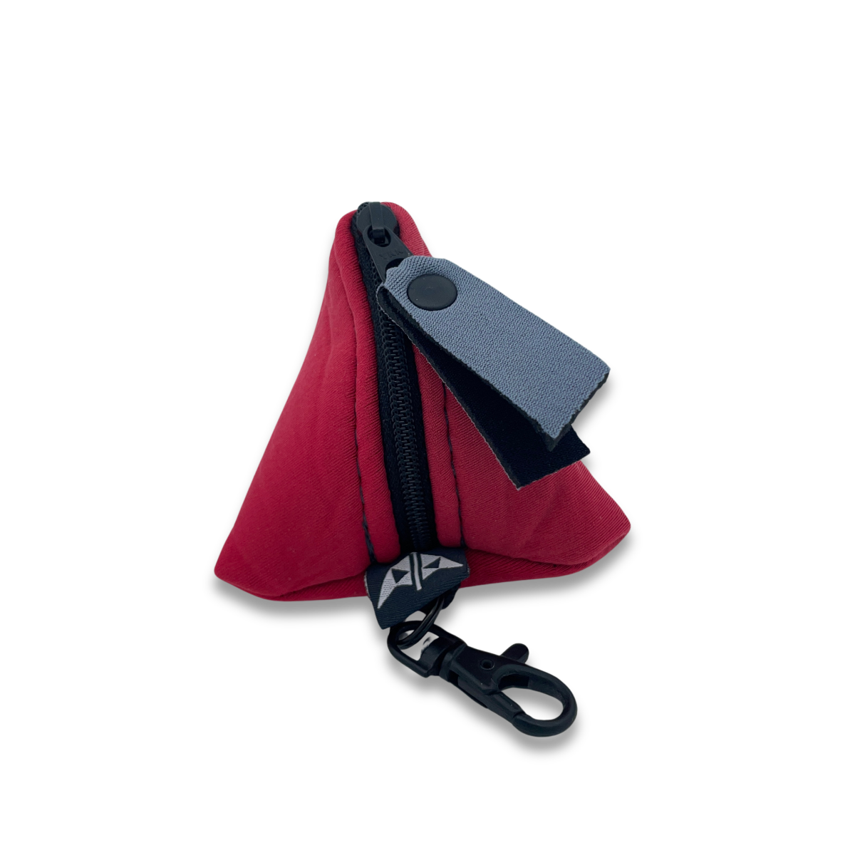 Pyramid shaped neoprene keyring pouch with zipped closure and keyring attachment. Made from recycled wetsuits in red.