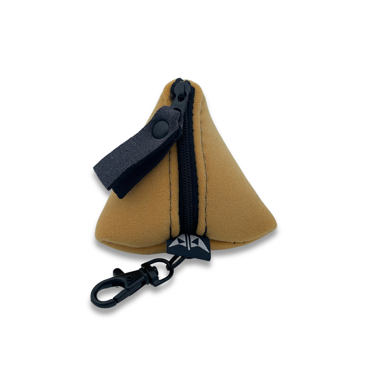 Pyramid shaped neoprene keyring pouch with zipped closure and keyring attachment. Made from recycled wetsuits in yellow.