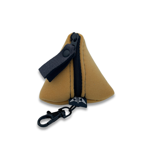 Pyramid shaped neoprene keyring pouch with zipped closure and keyring attachment. Made from recycled wetsuits in yellow.