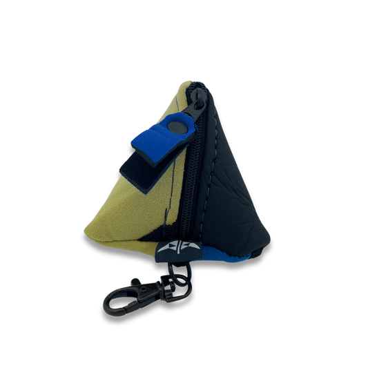 Pyramid shaped neoprene keyring pouch with zipped closure and keyring attachment. Made from recycled wetsuits in yellow, black & blue.