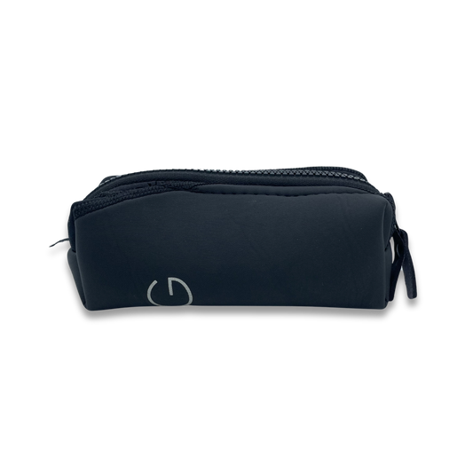 Recycled boxy pencil case with zipped closure and pull tab in black. Recycled from wetsuits.