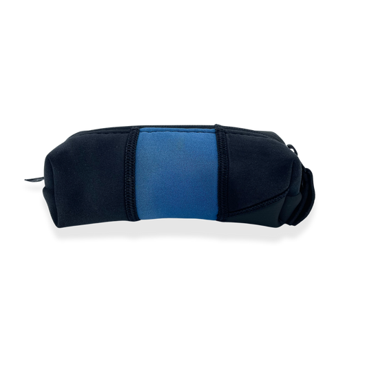 Boxy pencil case with zipped closure and pull tab in black & blue.