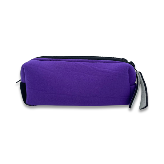 Boxy pencil case with zipped closure and pull tab in purple. 