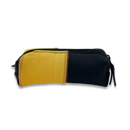 Boxy pencil case with zipped closure and pull tab, made from recycled wetsuits in black & yellow.