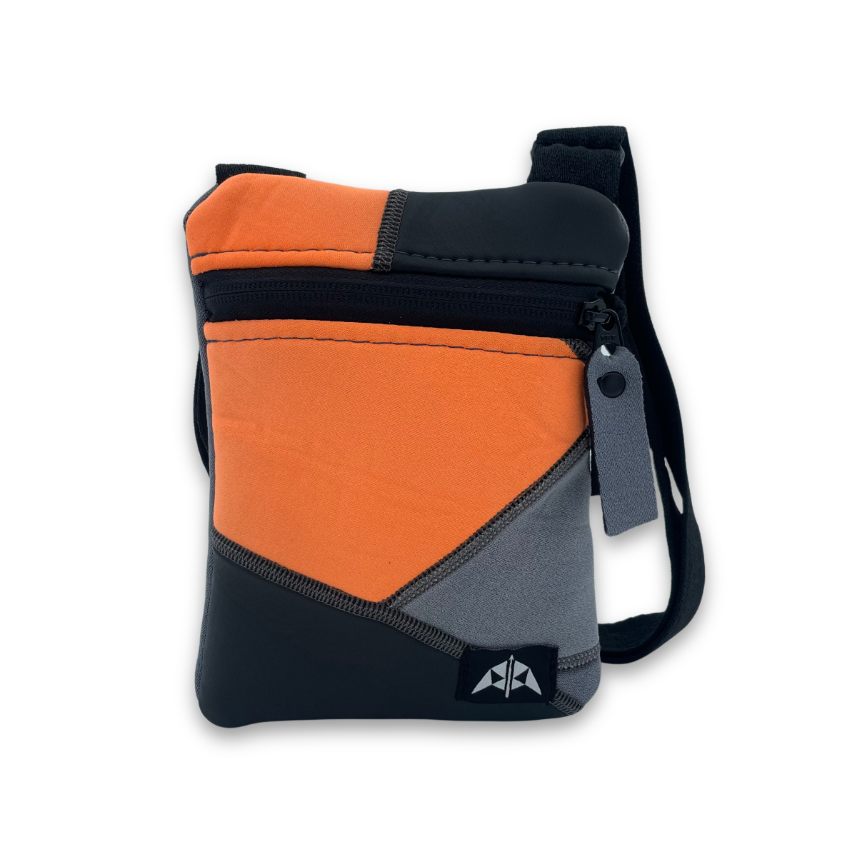 Recycled Crossbody Bag with zipped opening and adjustable strap in orange and grey. 