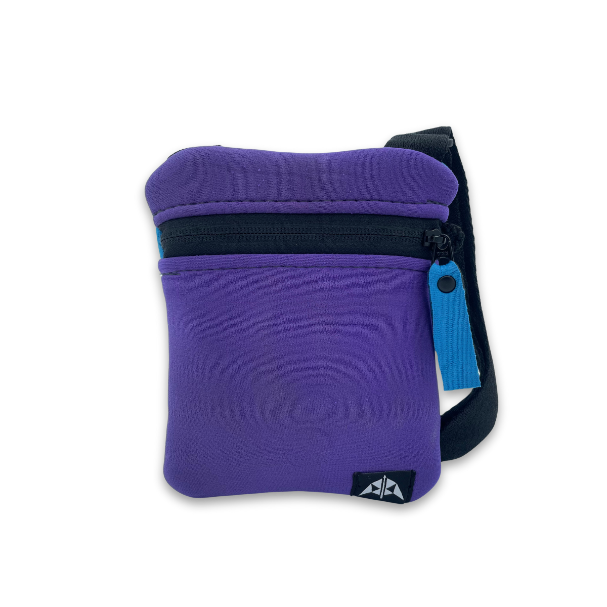 Flat crossbody bag with zipped opening, adjustable strap, made from recycled neoprene in purple with blue zip pull.