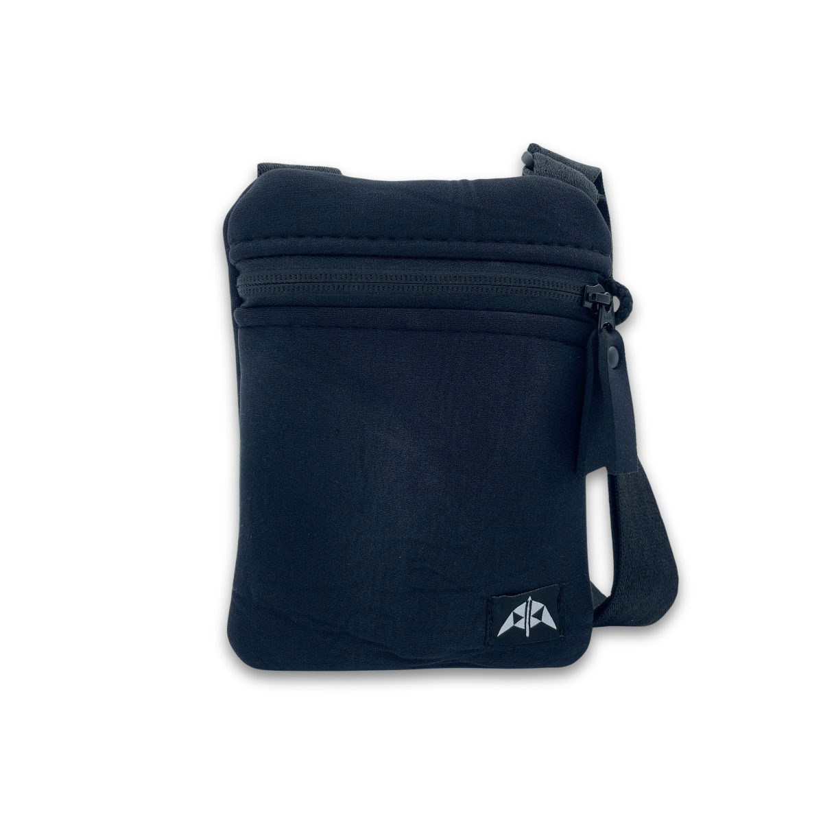 Flat crossbody bag with zipped opening, adjustable strap, made from recycled wetsuits in black. 