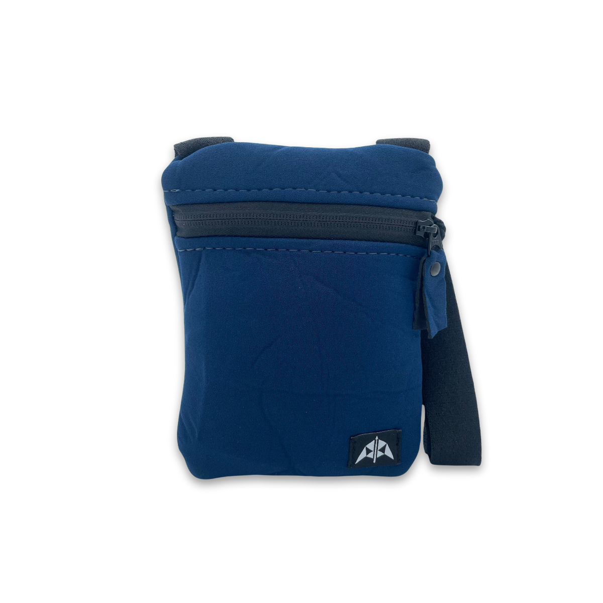 Flat crossbody bag with zipped opening and adjustable strap. Made from navy blue recycled wetsuits.