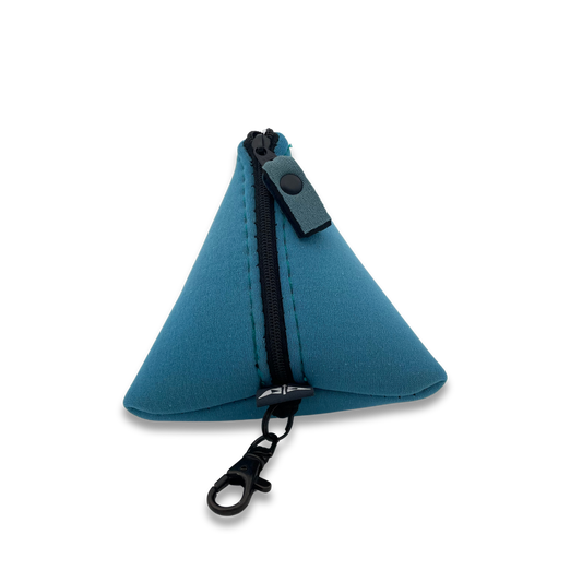 Pyramid shaped neoprene pouch with zipped closure and keyring attachment. Made from recycled wetsuits in baby blue.