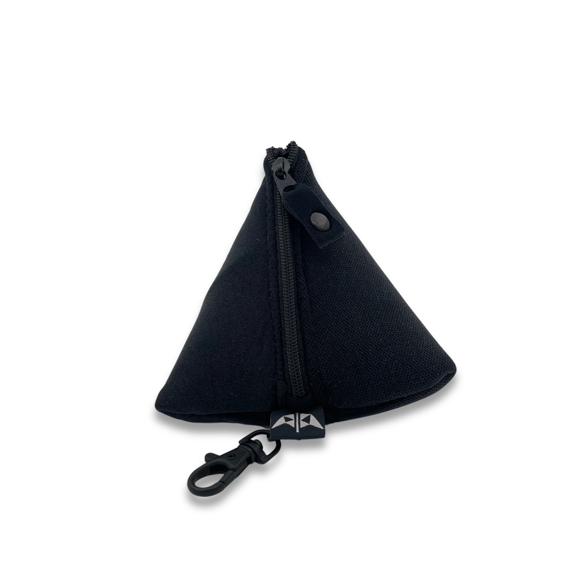 Pyramid shaped neoprene pouch with zipped closure and keyring attachment. Made from recycled wetsuits in black.