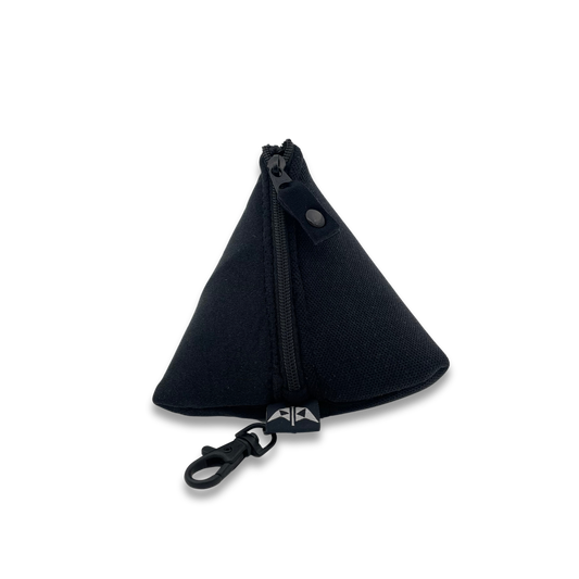 Pyramid shaped neoprene pouch with zipped closure and keyring attachment. Made from recycled wetsuits in black.