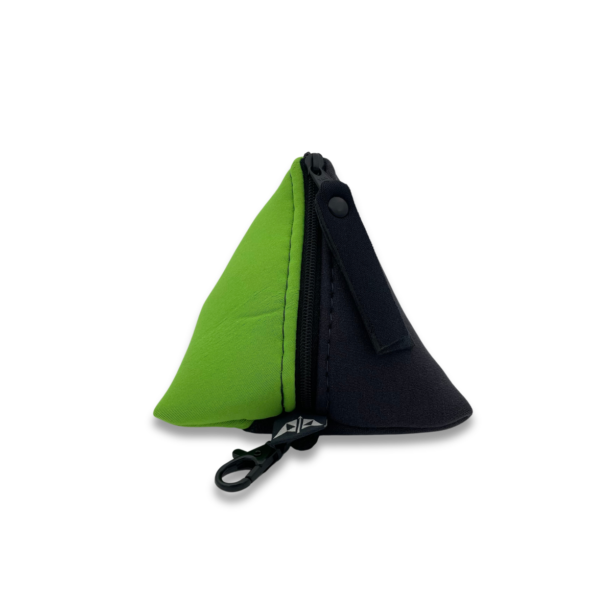 Pyramid shaped neoprene pouch with zipped closure and keyring attachment. Made from recycled wetsuits in neon green & grey.