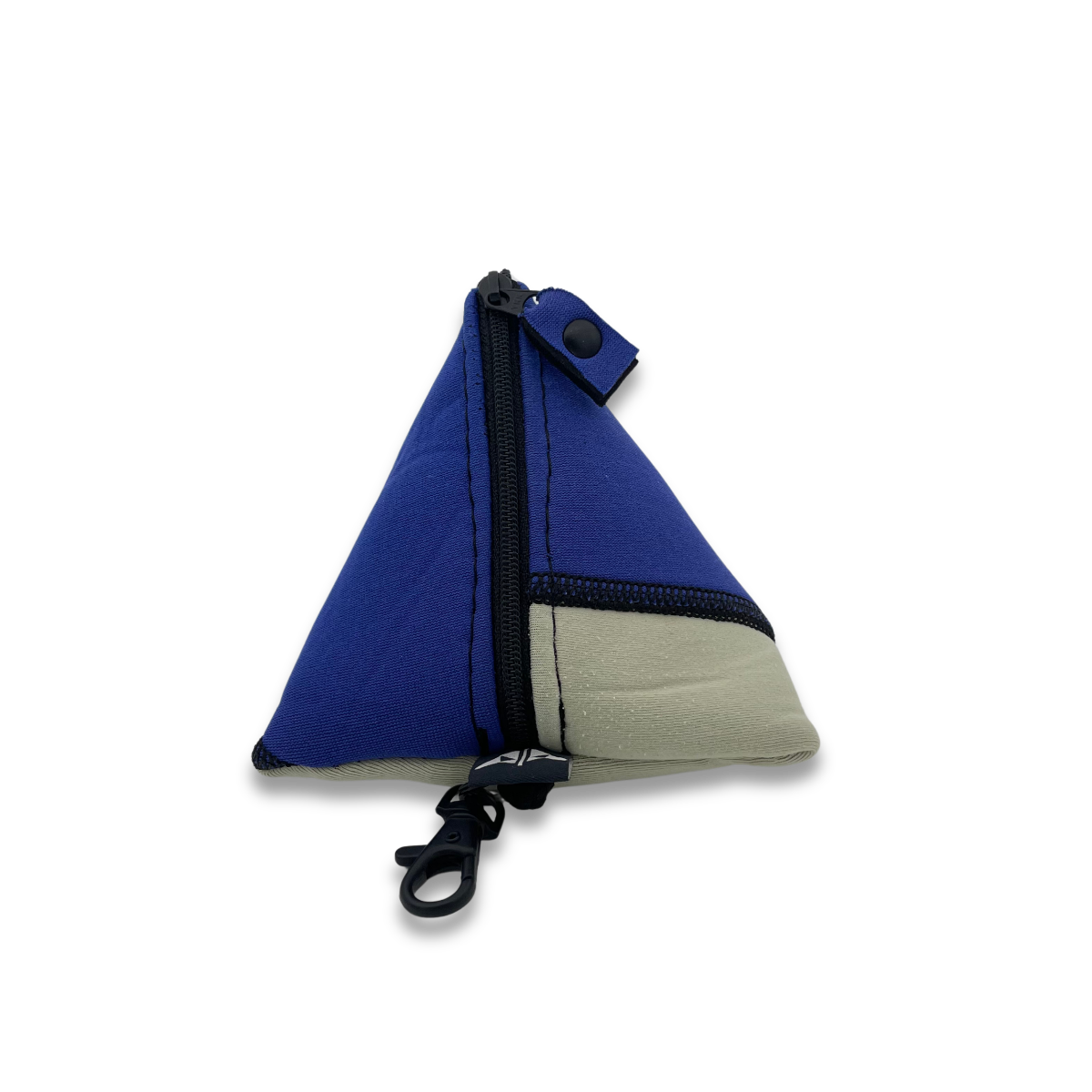 Pyramid shaped neoprene pouch with zipped closure and keyring attachment. Made from recycled wetsuits in purple & grey/green.