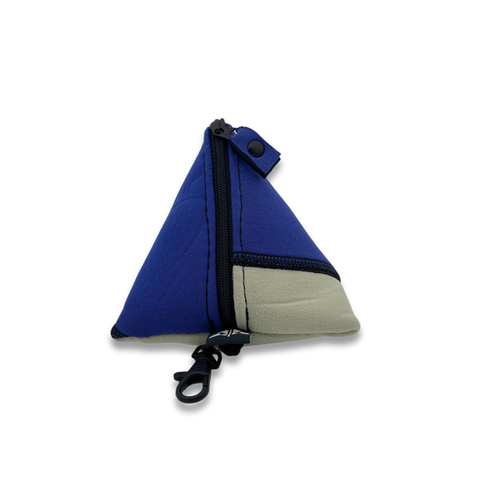 Pyramid shaped neoprene pouch with zipped closure and keyring attachment. Made from recycled wetsuits in purple & grey/green.