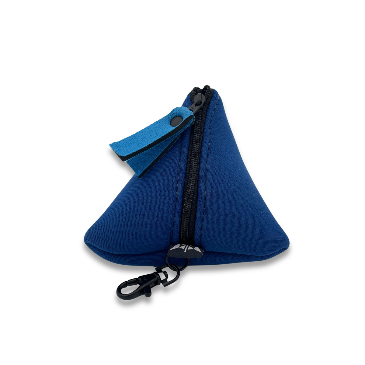 Pyramid shaped neoprene pouch with zipped closure and keyring attachment. Made from recycled wetsuits in royal blue.