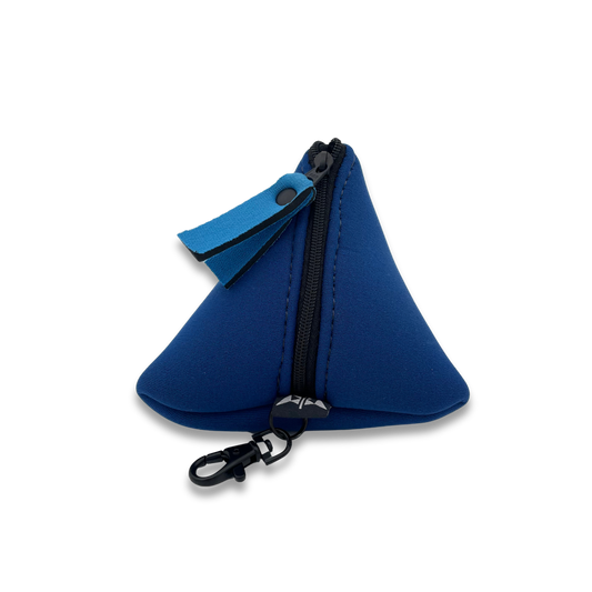 Pyramid shaped neoprene pouch with zipped closure and keyring attachment. Made from recycled wetsuits in royal blue.