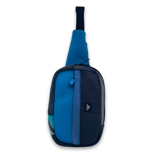 Recycled sling scooter bag with front pocket, shoulder pocket and adjustable strap. Made from recycled wetsuits in bright blue and grey.