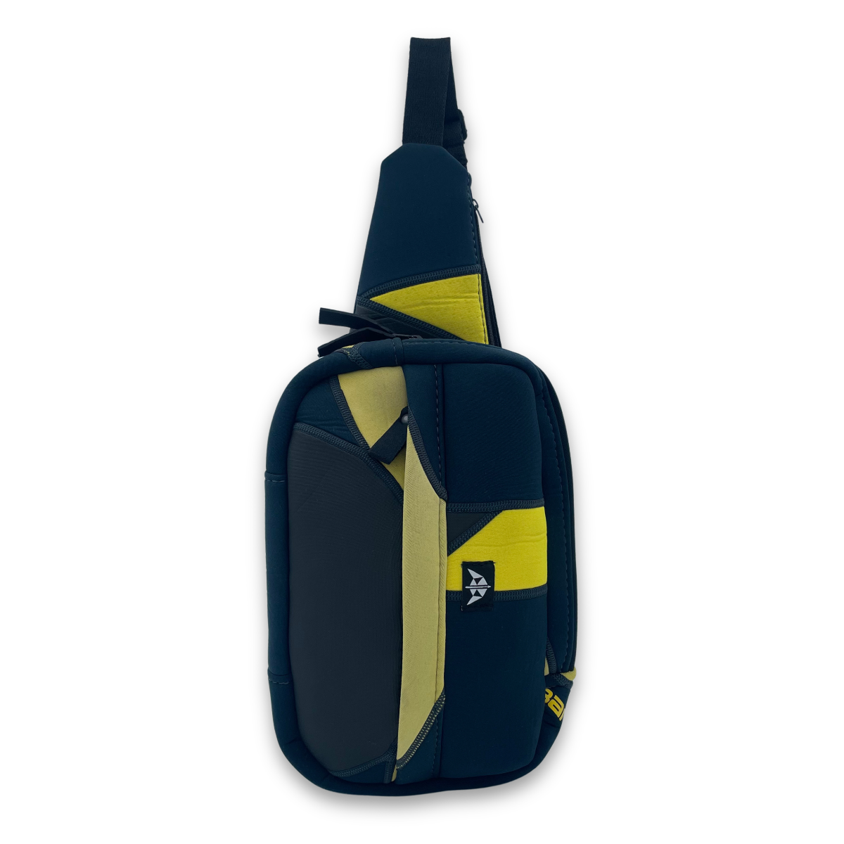 Recycled sling scooter bag with front pocket, shoulder pocket and adjustable strap. Made from recycled wetsuits in yellow and navy blue.